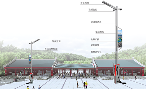 智慧路灯杆作为智慧景区业务的入口，具备智能迎宾、安防监控、环境感知、信息发布、景区广播、一键告警、智慧停车、充电管理等新型应用。